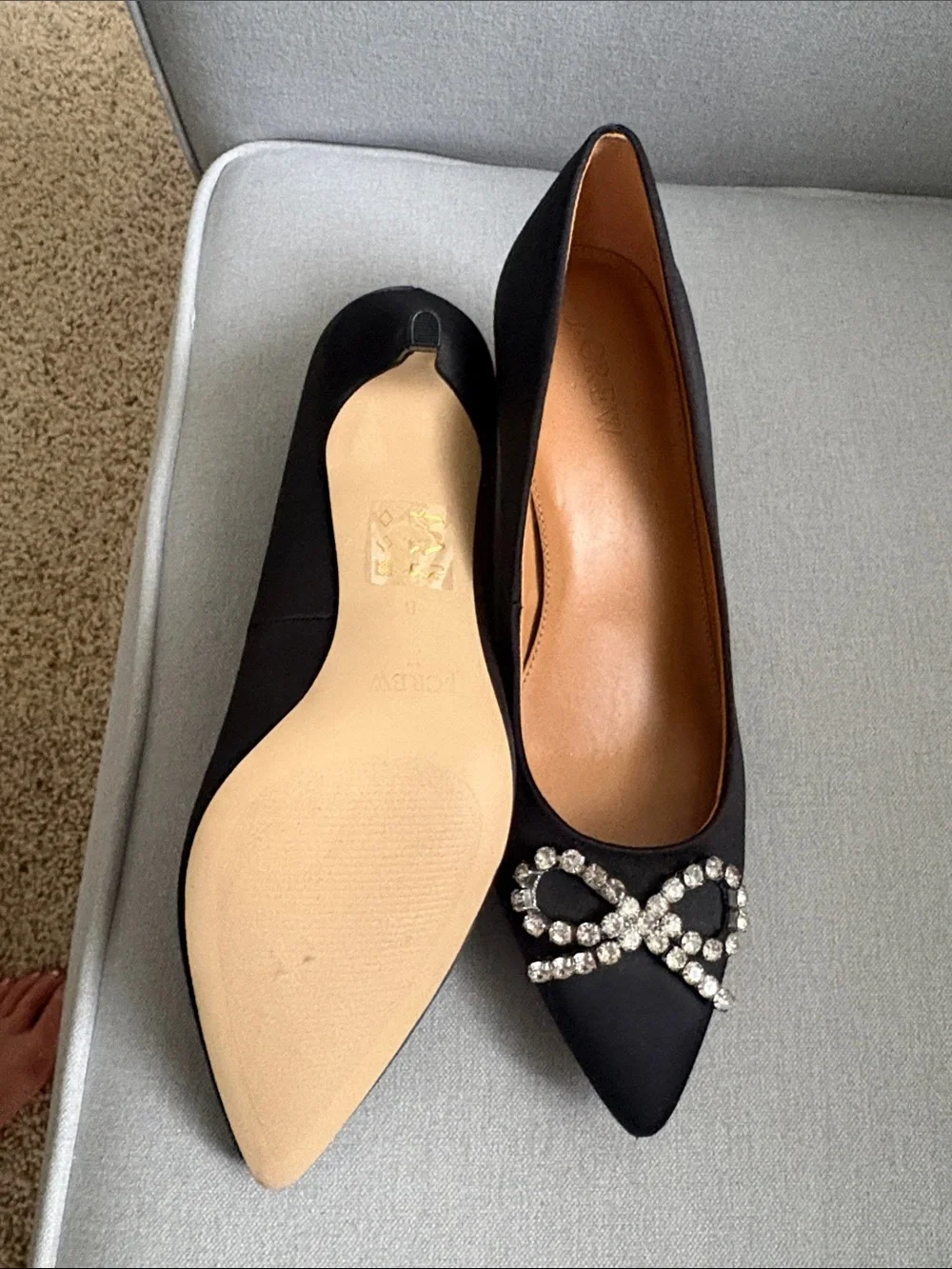 Jcrew Black Satin Pointed Toe Kitten Heels with Crystal Bow Accent